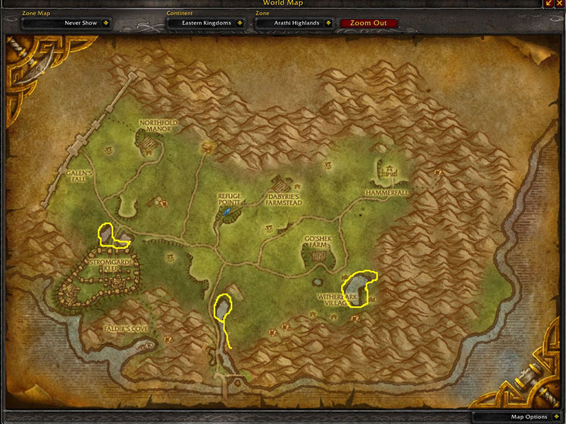 Map of Where to farm herbs in Arathi Highlands for Liferoot