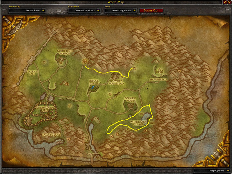 Map of Where to farm herbs at Arathi Highlands for Khadgar's Whisker