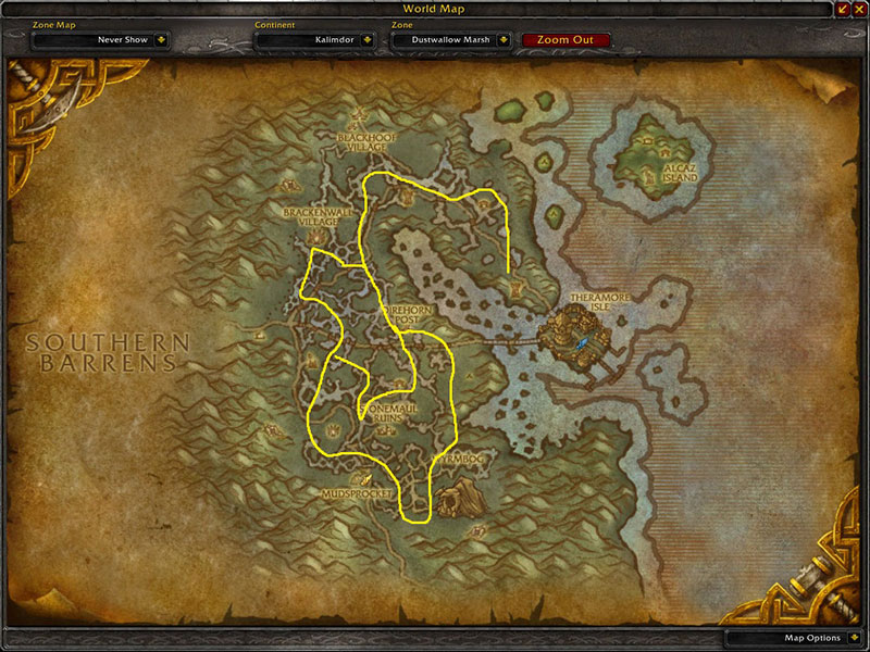 Map of Where to farm herbs at Dustwallow Marsh for Khadgar's Whisker
