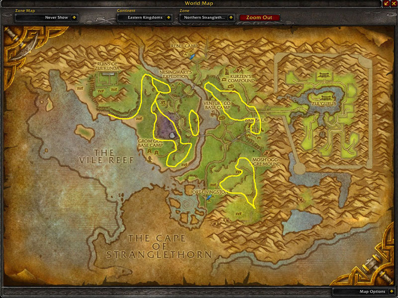 Map of Where to farm herbs at Northen Stranglethorn for Kingsblood