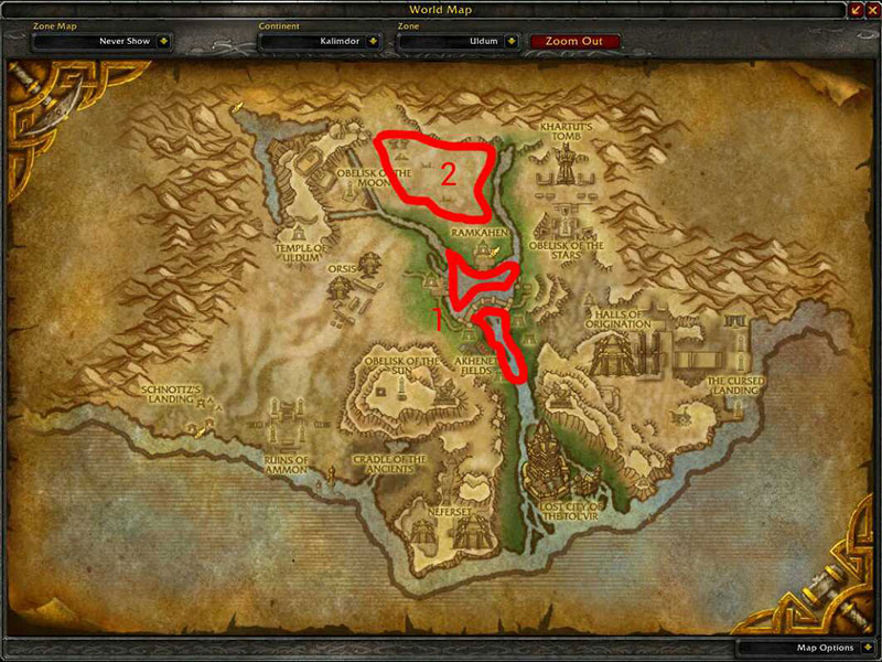 Map of Where to skin at Uldum for Savage Leather