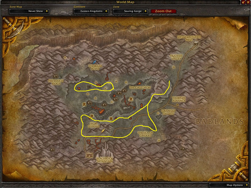 Map of Where to farm herbs at Searing Gorge for Firebloom