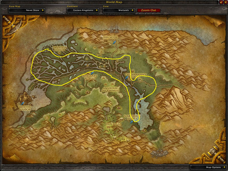 Map of Where to farm herbs at Wetlands for Kingsblood