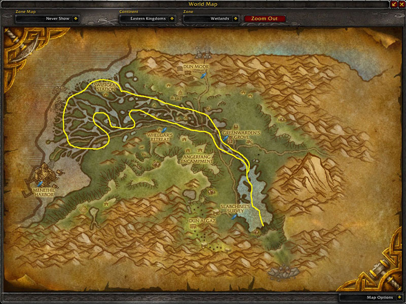 Map of Where to farm herbs at Wetlands for Liferoot