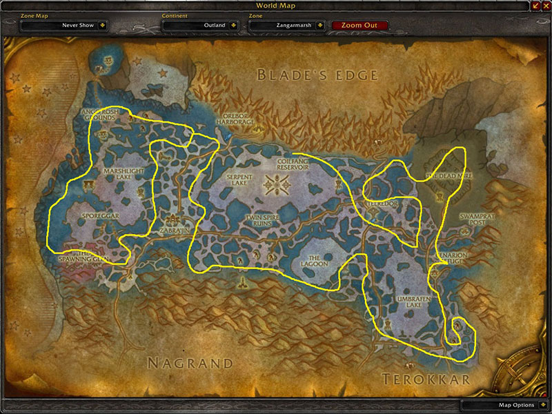 Map of Where to farm herbs at Zangarmarsh Forest for Flame Cap